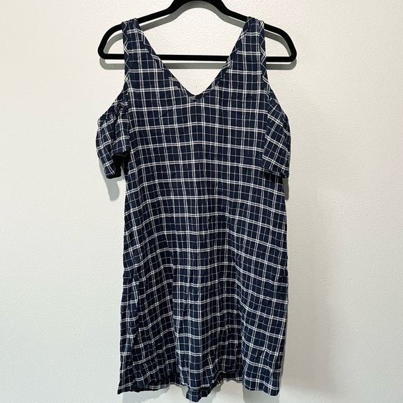 LOFT- Blue and White Pattern Mini Dress Off the Shoulder Size L - Picture 1 of 4